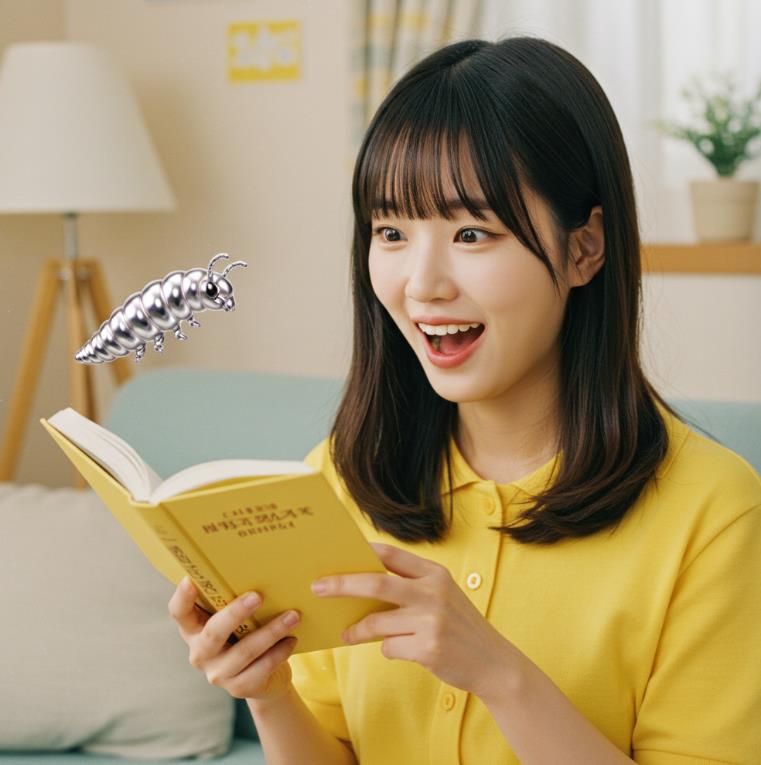 집 안에 은색 벌레(쥐며느리, 책벌레)가 나와서 놀라고있는 귀여운 한국여성