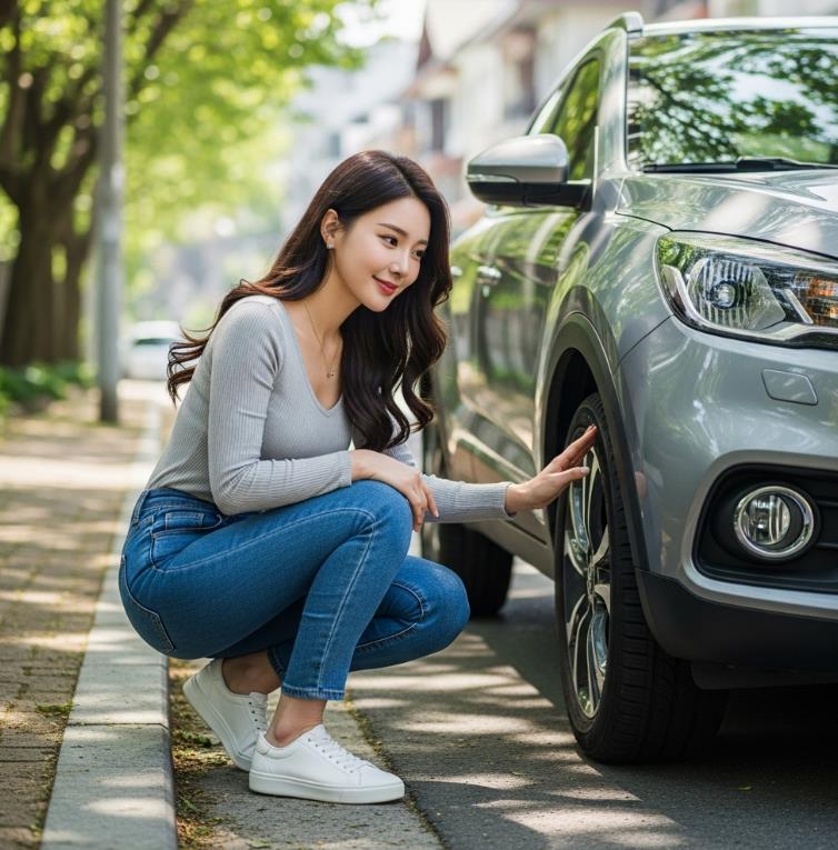 자동차 타이어 체크중인 이쁜 귀여운 한국여성