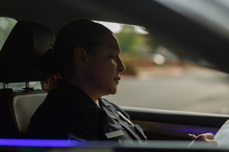 Policewoman in uniform writing notes inside a patrol car during the day.