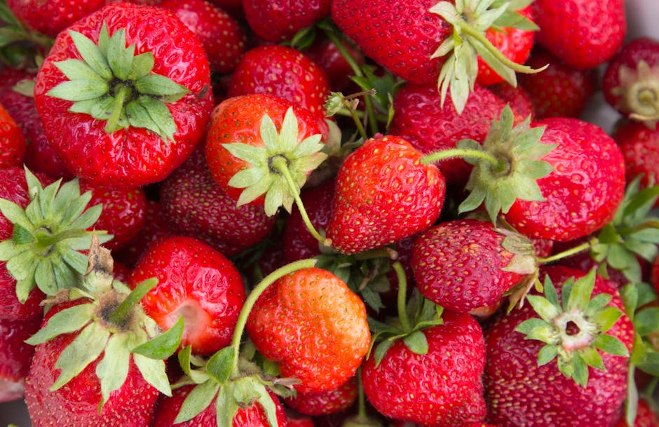 Close-up view of vibrant fresh red strawberries with green leaves, highlighting juicy textures.