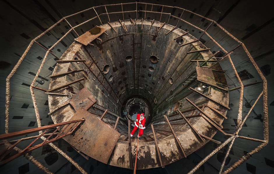 A daring adventurer descends into a massive industrial pit, showcasing bravery and exploration.
